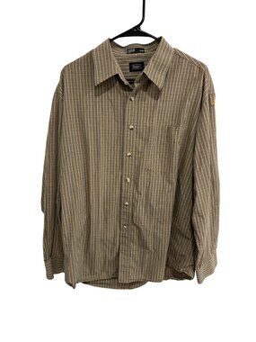 Haggar Mens Long Sleeve Plaid Button-Down Shirt XL Brown Cotton Classic Fit